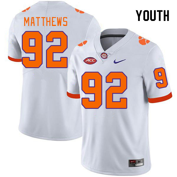 Youth Clemson Tigers Levi Matthews #92 College White NCAA Authentic Football Stitched Jersey 23WS30SL